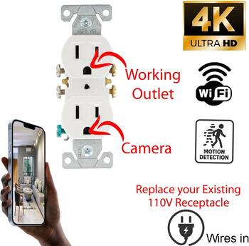 4K Ultra HD Wi-Fi Receptacle Power Outlet AC 120V AC Powered Spy Camera (Top Outlet Functional)
