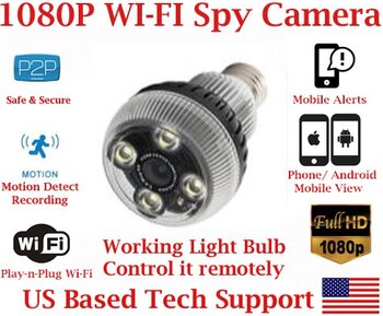 AES LED Lamp Light Bulb Wi-Fi Spy Camera with 1080P Resolution SD Card Slot Remote View Live Stream Playback Covert Hidden Nanny Camera Spy Gadget