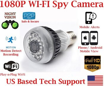 AES Night Vision Light Bulb Wi-Fi Spy Camera with IR Night Vision 1080P Resolution SD Card Slot Remote View Live Stream Playback Covert Hidden Nanny Camera Spy Gadget