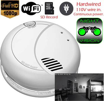 SecureGuard DC / AC Powered Night Vision Invisible IR Smoke Detector WiFi Spy Camera