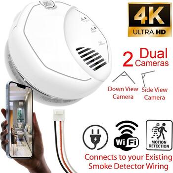 SecureGuard 4K Dual HD Smoke Detector WiFi Spy Camera Wi-Fi Fire Alarm Spy Camera  Ceiling Mount  110V AC Connector (3120 Model) (Dual 4K Cameras)