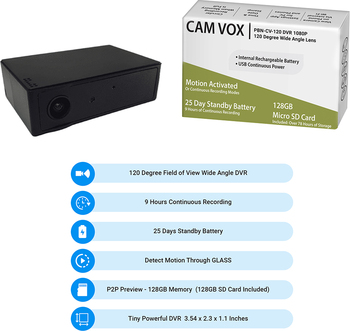 Cam-Vox 120 Wide Angle 1080P 128GB DVR – 9 Hours Continuous – PBN – TEC