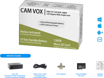 Cam-Vox 120 Wide Angle 1080P 128GB DVR – 9 Hours Continuous – PBN – TEC