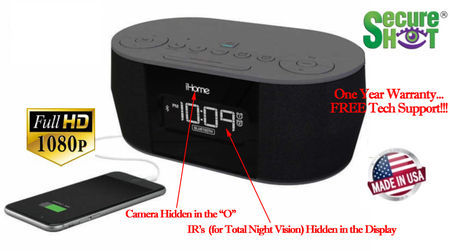 SecureShot Full HD 1080P Ihome Bluetooth Clock Radio Spy Camera/DVR w/Nightvision